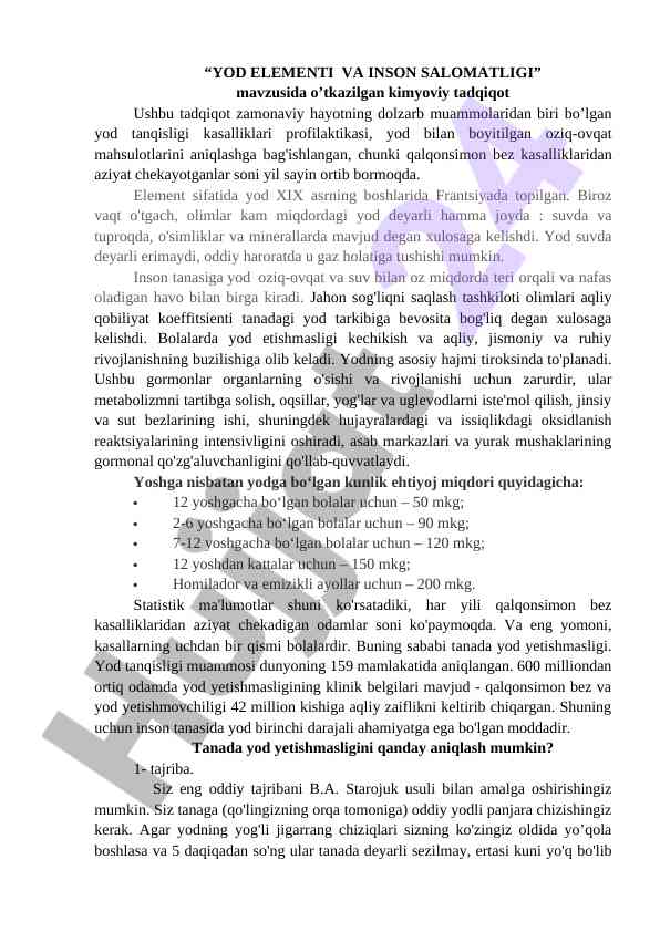 Yod elementi va inson salomatligi tadqiqoti