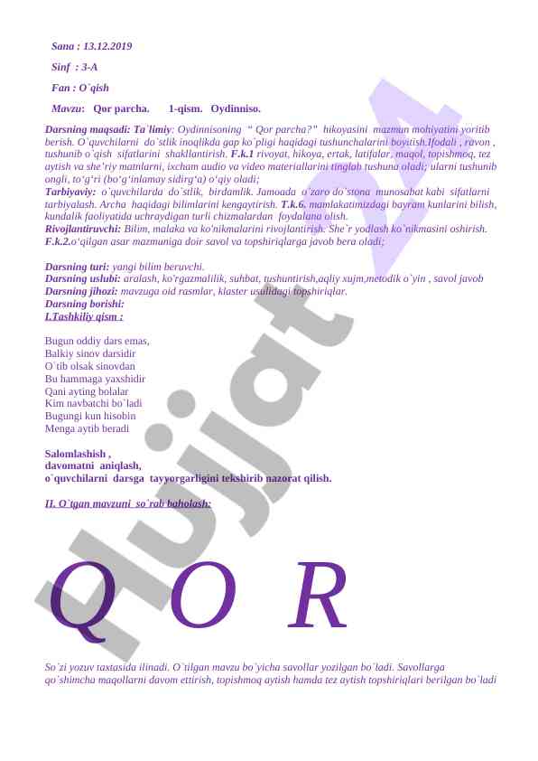 Qor parcha hikoyasining mazmuni va ta'limiy maqsadlari