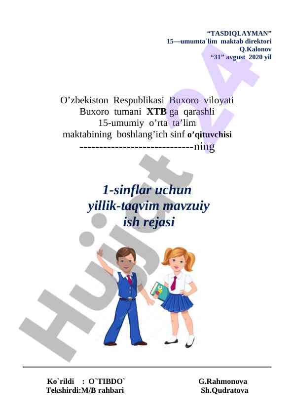 Yillik-taqvim mavzuiy ish rejasi 1-sinflar uchun