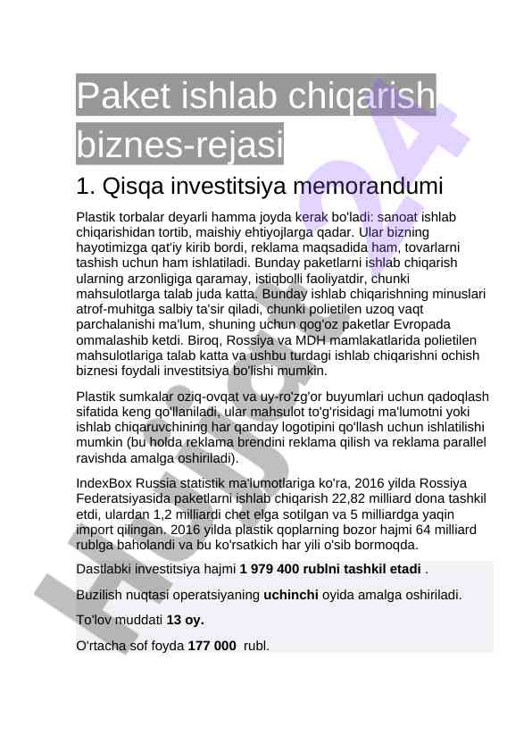 Biznes-reja plastik paketlarni ishlab chiqarish