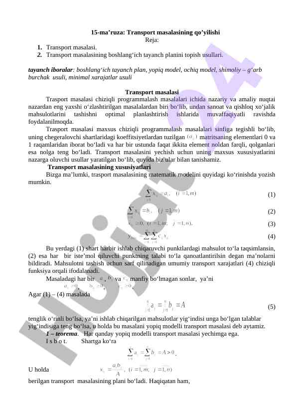 Transport masalalari bo‘yicha dars ishlanmasi