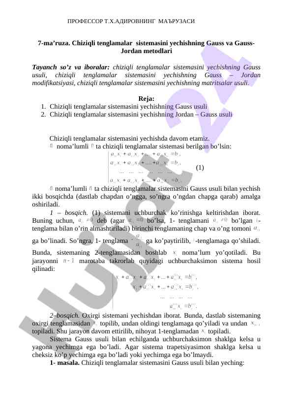 Chiziqli Tenglamalar Sistemasini Yechish Usullari