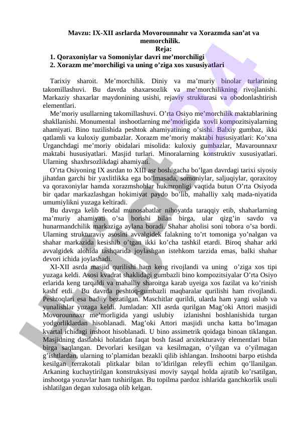 Movorounnahr va xorazmda san’at va memorchilik