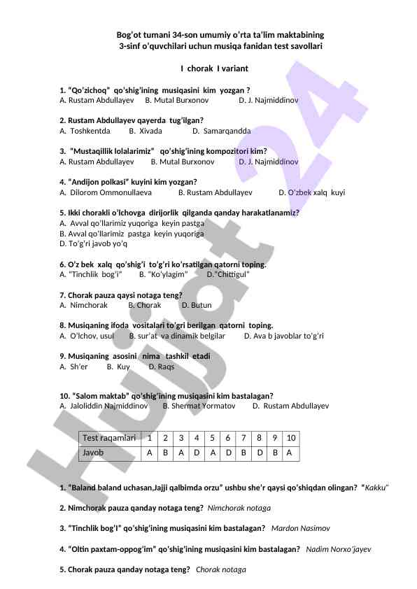 Musiqa fanidan test savollari 3-sinf oquvchilari uchun