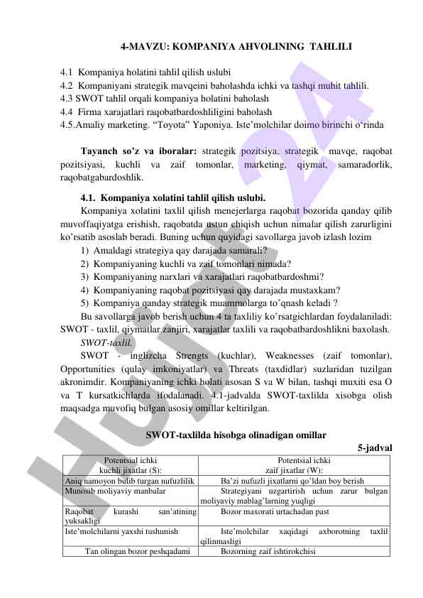 Kompaniya ahvolining tahlili va swot analizi