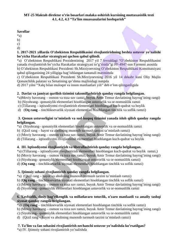 Maktab direktor o’rin bosarlari malaka oshirish testi