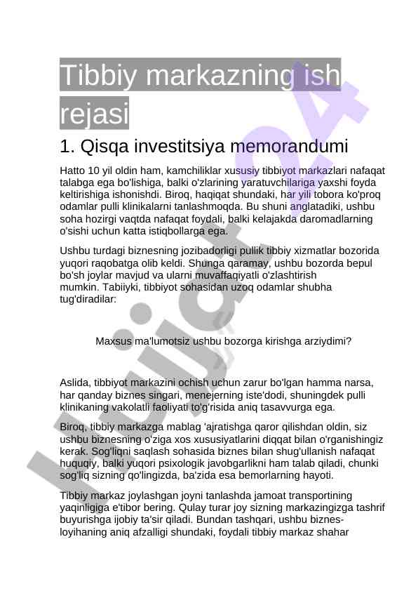 Tibbiy markazning ish rejasi va investitsiya