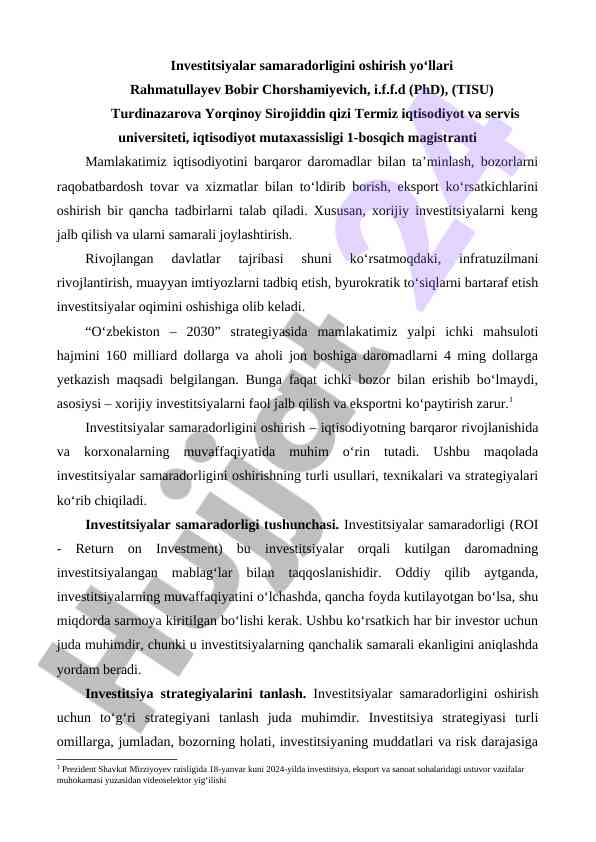 Investitsiyalar samaradorligini oshirish yo'llari
