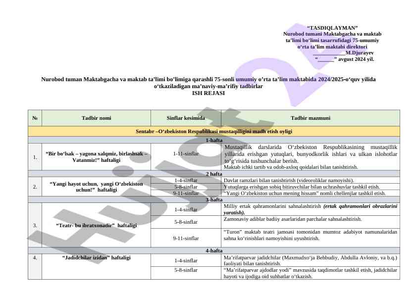 Maktab ta’limida ma’naviy tadbirlar rejasi 2024