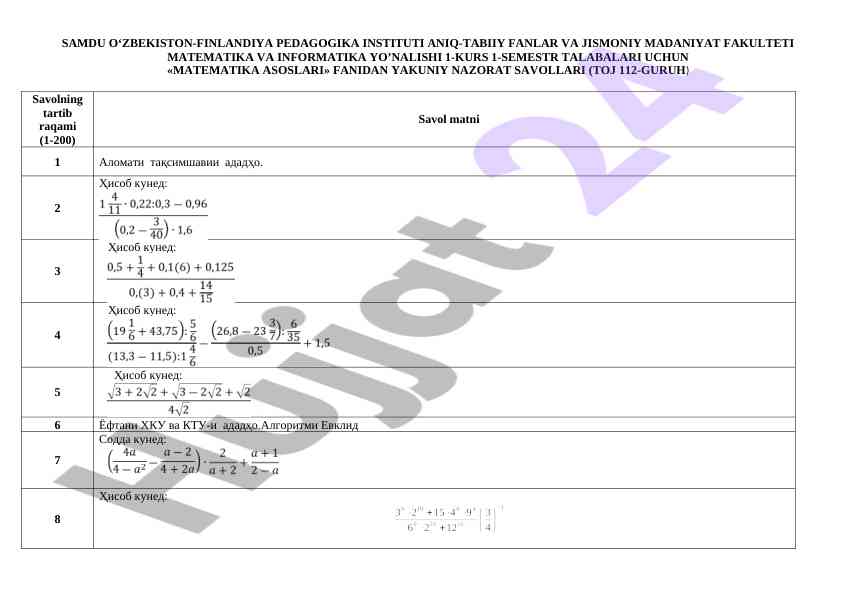 Matematika asoslari fanidan nazorat savollari