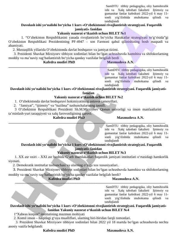 O‘zbekistonni rivojlantirish strategiyasi fanidan bilet