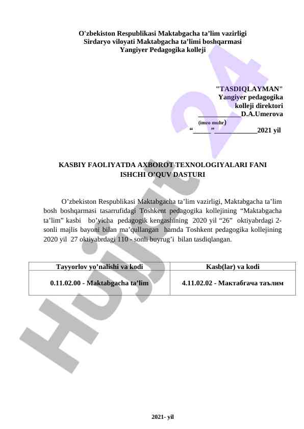 Kasbiy faoliyatda axborot texnologiyalari fani o‘quv dasturi