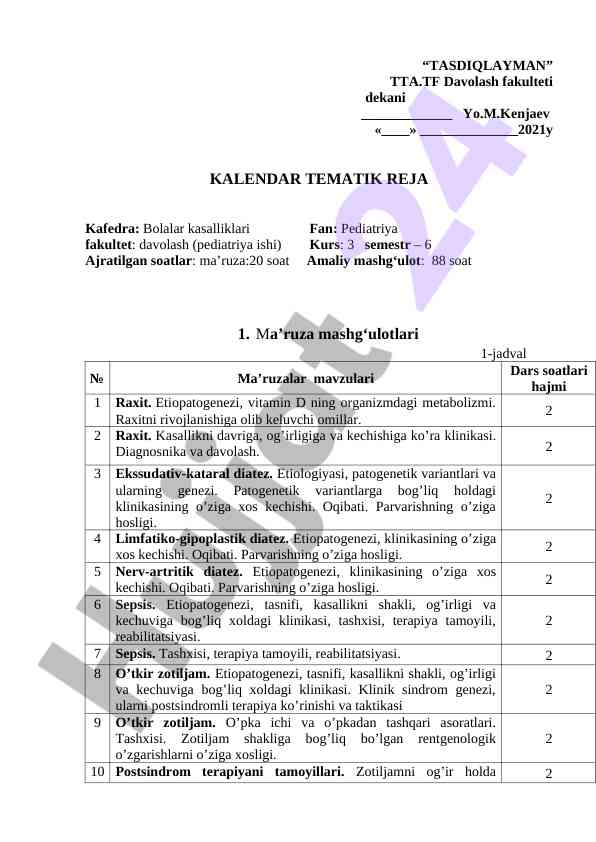 Kalendar tematik reja bolalar kasalliklari