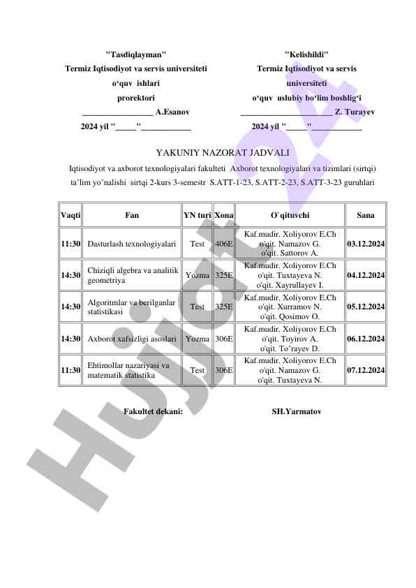 Yakuniy nazorat jadvali iqtisodiyot faculty