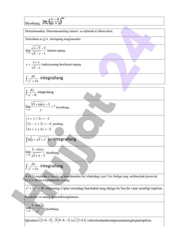 Matematik hisoblashlarga oid misollar