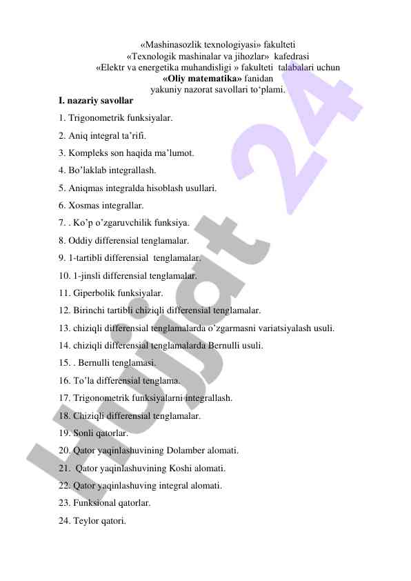 Oliy matematika fanidan yakuniy nazorat savollari