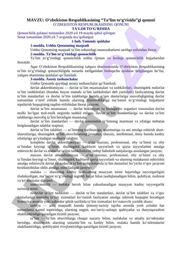 O‘zbekiston ta’lim qonuni haqida ma’lumotlar