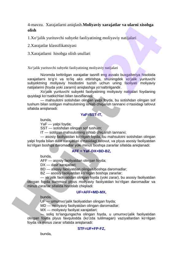 Xarajatlarni aniqlash va moliyaviy xarajatlar