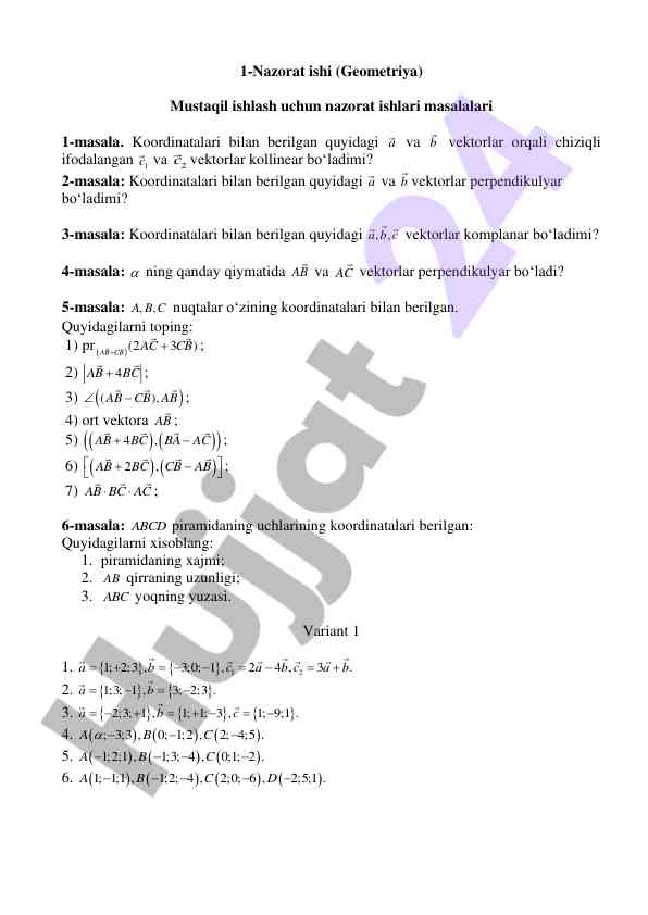 Geometriya nazorat ishlari ushbu masalalar