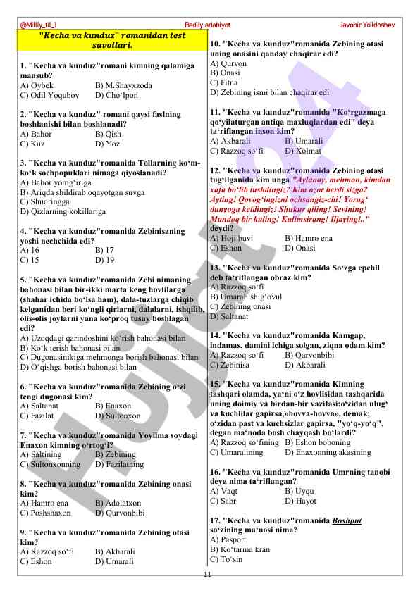 Kecha va kunduz romani test savollari