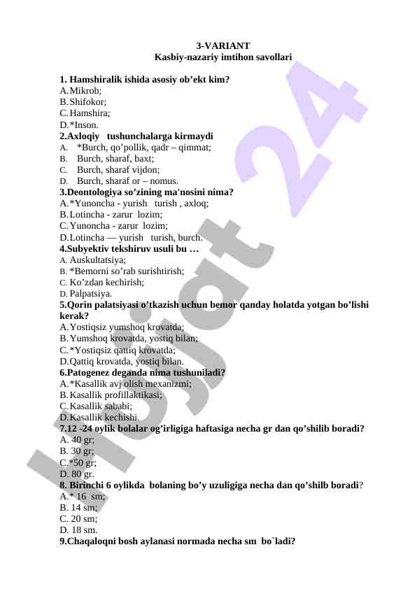 Kasbiy-nazariy imtihon savollari: 3-variant