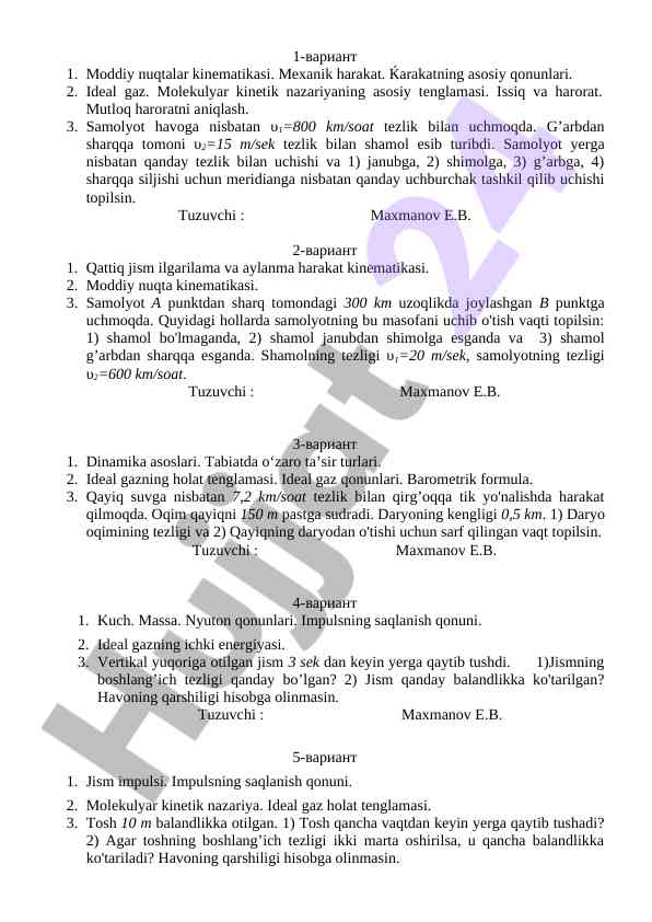 Kinematika va dinamika asoslari bo'yicha kurs ishlari