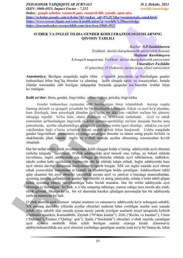 Gender kodli frazeologizmlarning qiyosiy tahlili