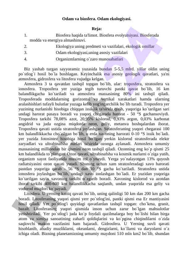 Odam ekologiyasi va biosfera asoslari