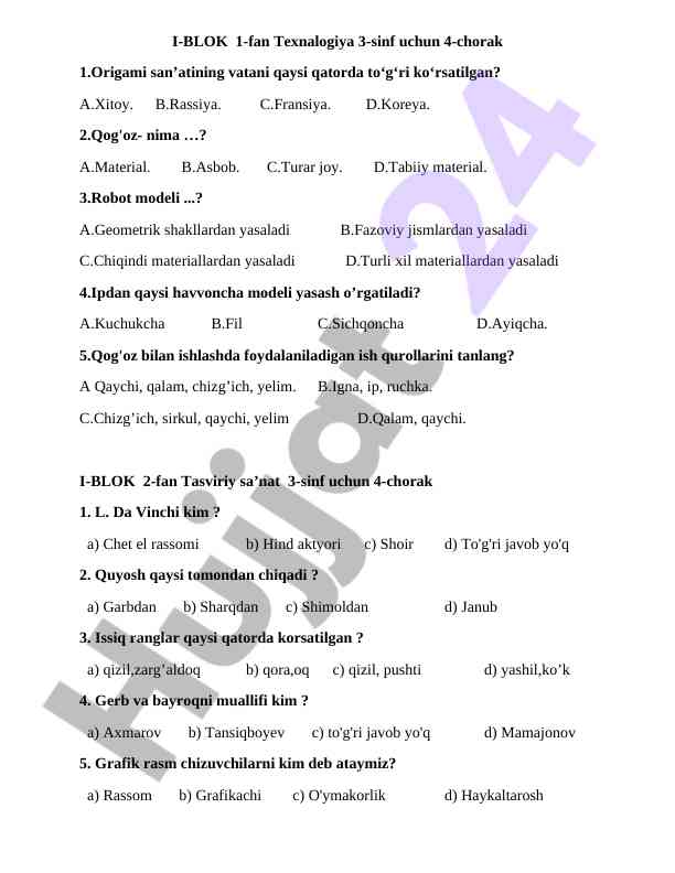 Texnalogiya va tasviriy san'at 3-sinf test savollari
