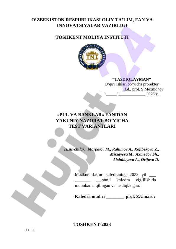 Pul va banklar fanidan yakuniy nazorat test variantlari