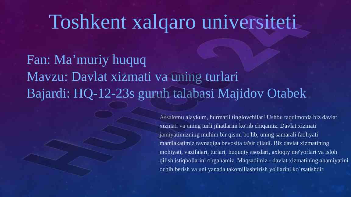 Davlat xizmati va uning turlari taqdimoti