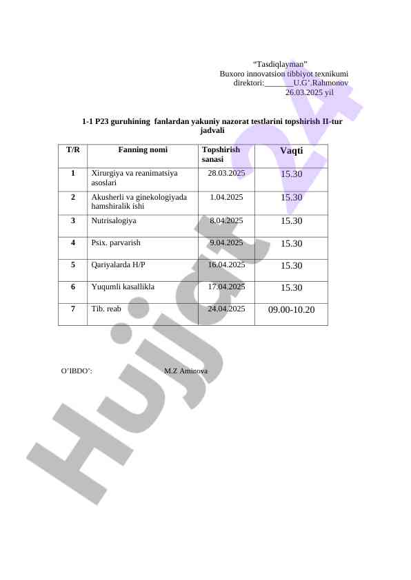 Buxoro tibbiyot texnikumi yakuniy nazorat testlari