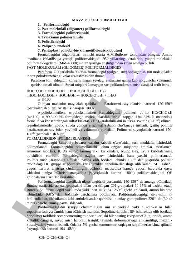 Poliformaldegid sintezi va xususiyatlari