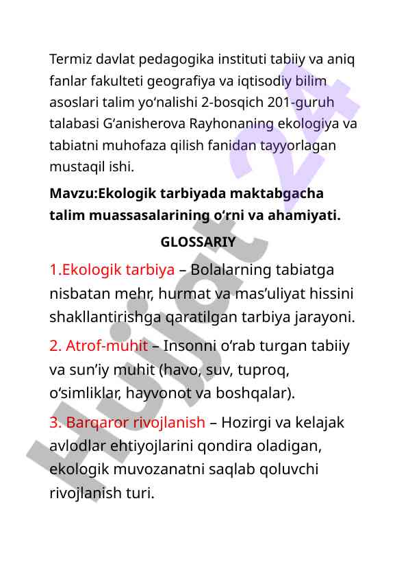 Ekologik tarbiyada maktabgacha ta'lim muassasalari