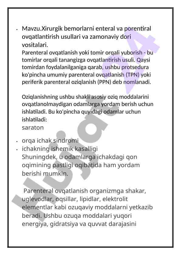 Xirurgik bemorlarni ovqatlantirish usullari