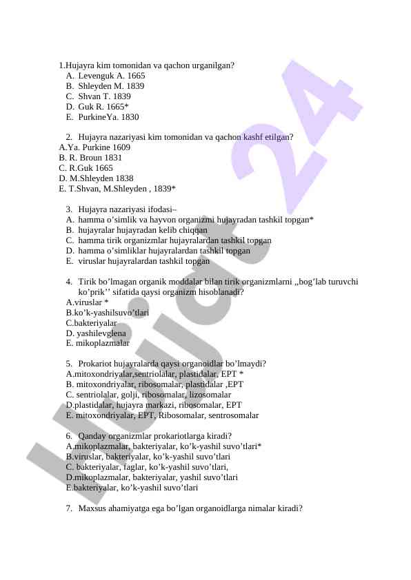 Hujayra nazariyasi bo'yicha test savollari