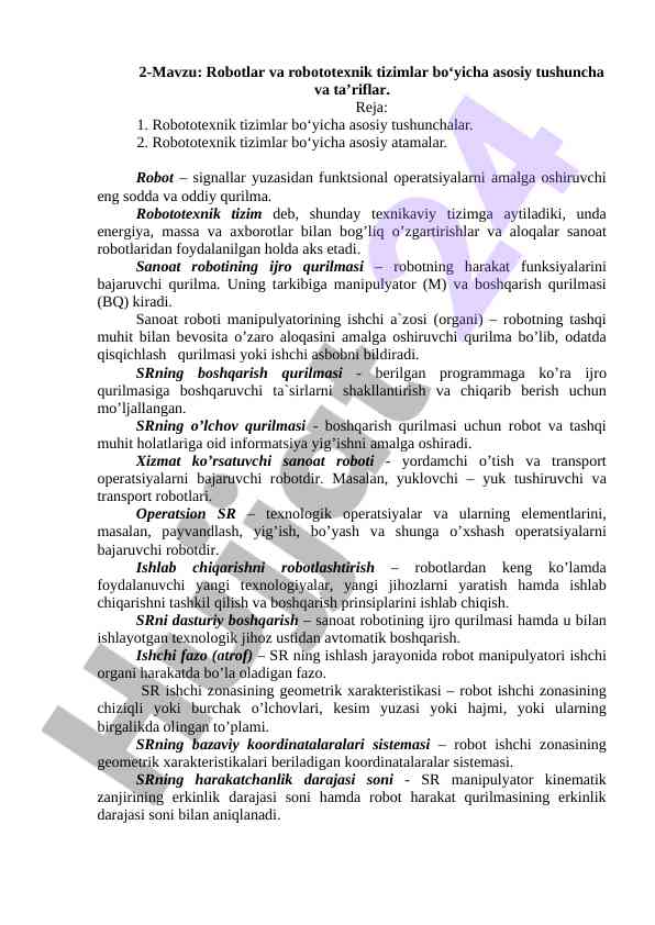 Robotlar va robototexnik tizimlar bo‘yicha asosiy tushunchalar