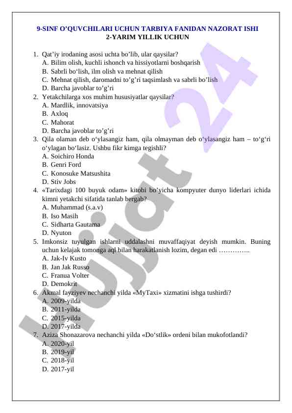 Nazorat ishlari uchun tarbiya fanida vahiylar