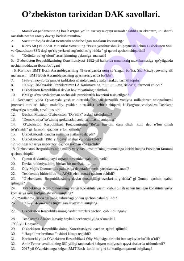 O’zbekiston tarixidan savollar tahlili