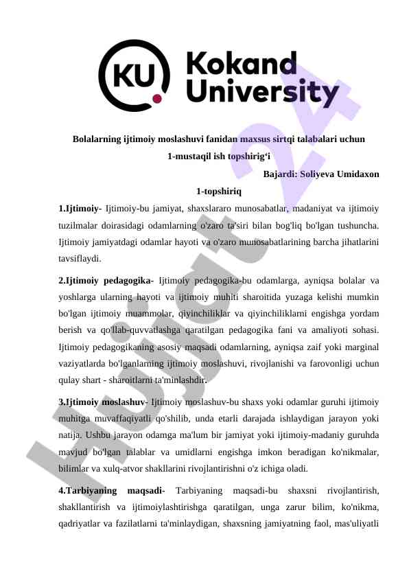 Ijtimoiy moslashuv fanidan mustaqil ish topshiriq