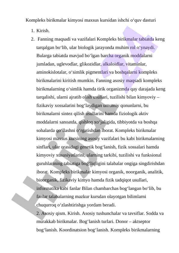 Kompleks birikmalar kimyosi kursi o‘quv dasturi