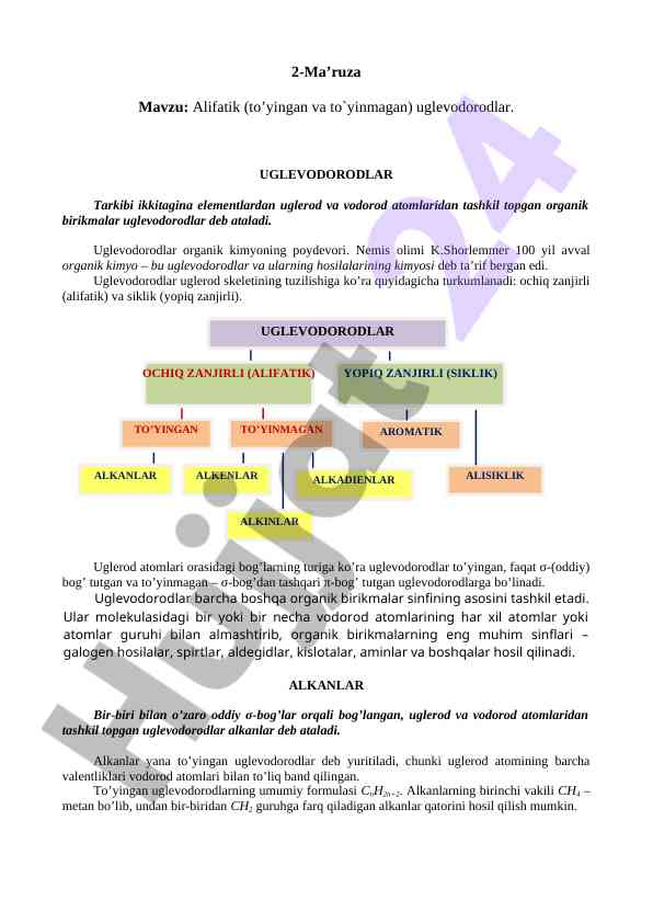 Alifatik uglevodorodlar mavzusi haqida ma'ruza