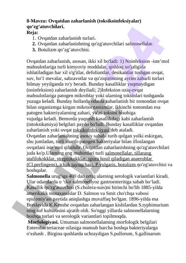 Ovqatdan zaharlanish turlari va qo'zg'atuvchilari