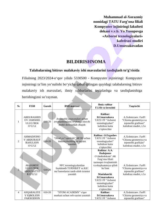 Kompyuter injinirovi bitiruv malakaviy ishlari