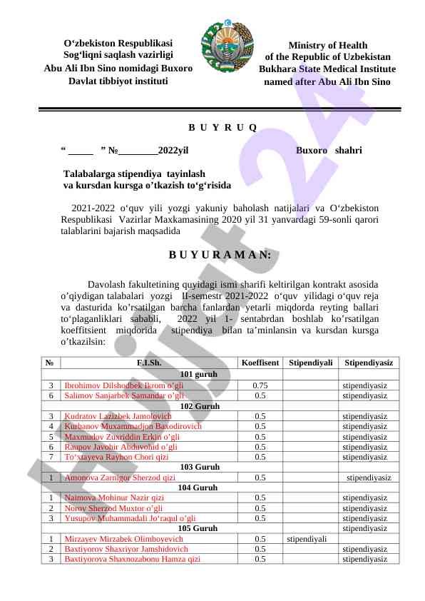Stipendiya tayinlash va kursdan kursga o‘tkazish buyruq