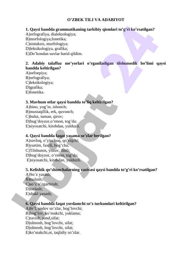 O’zbek tili grammatika savollari testi