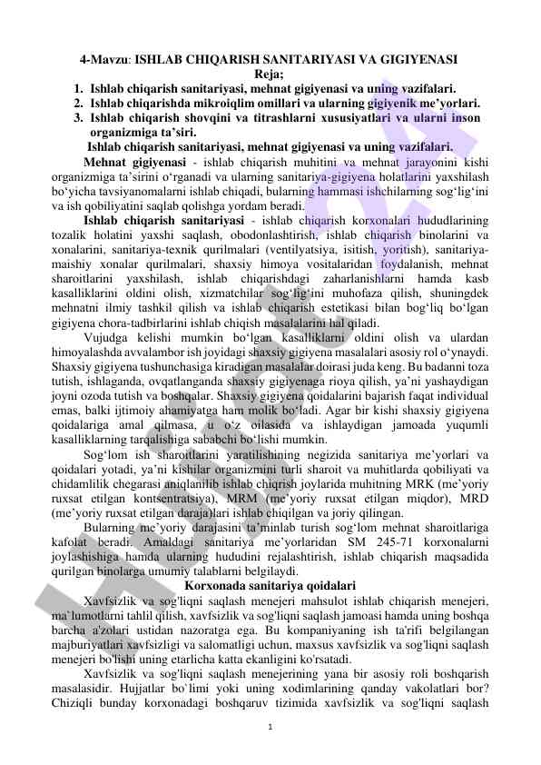 Ishlab chiqarish sanitariyasi va gigiyenasi tahlili