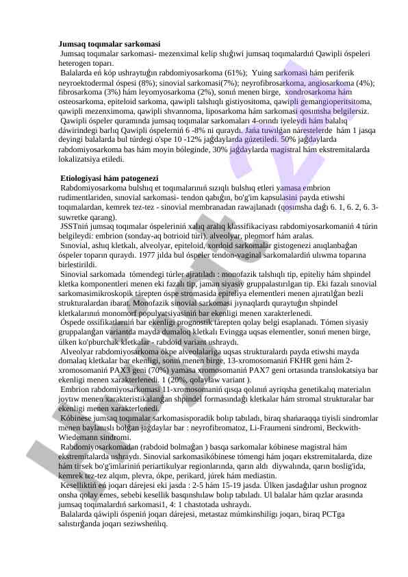 Jumsaq toqımalar sarkomasi tahlili va belgilari