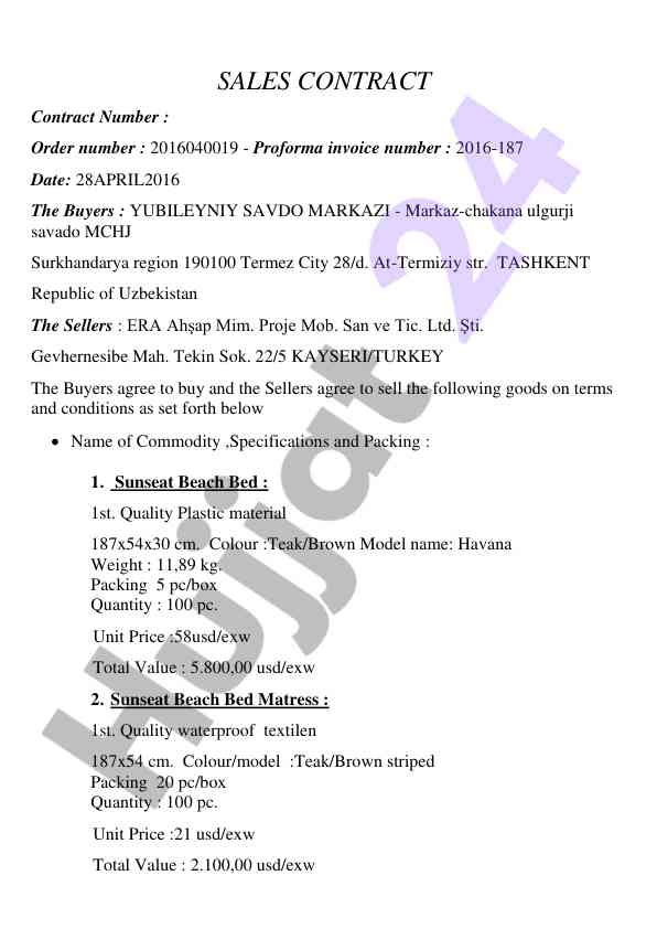 Sales contract for beach beds and coffee table