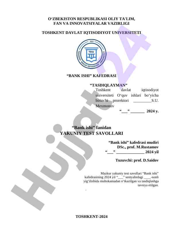 Bank ishi fanidan yakuniy test savollari 2024